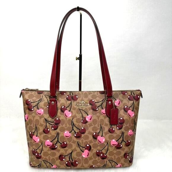 Coach Gallery Tote Bag Shoulder Signature Canvas Cherry Print Gold Tan NWT